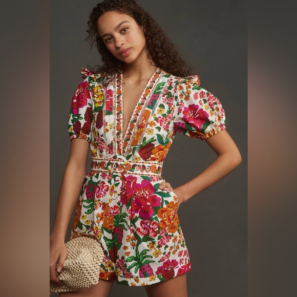 Farm Rio Flowerful Berry Sketch Ruffle Belted Romper Size Small Retail $230 - Picture 1 of 16